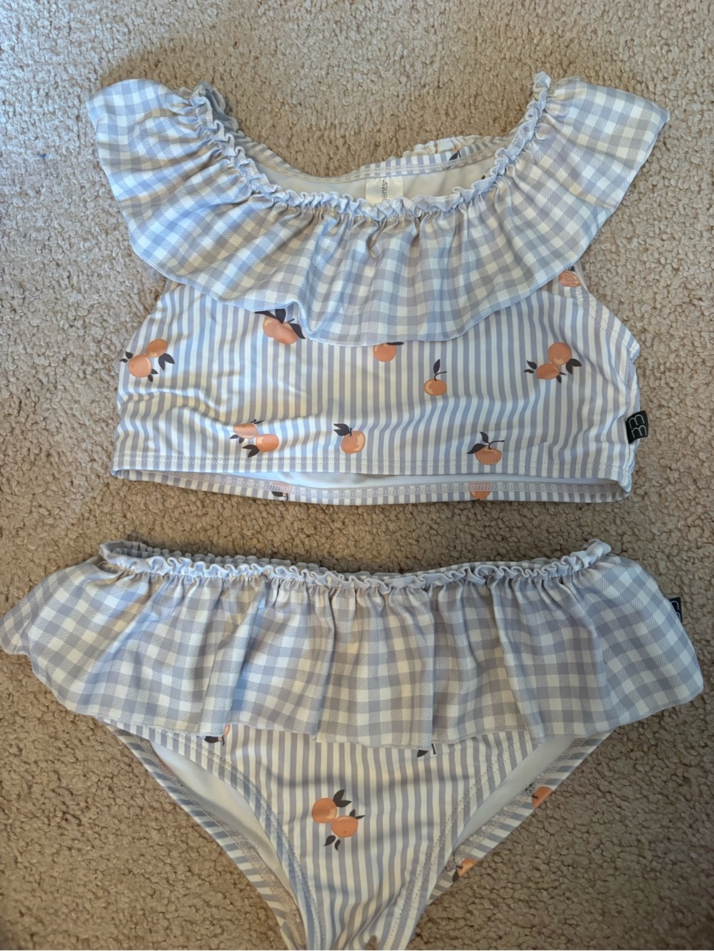 Girls Light Blue Gingham Ruffle Bikini with Orange Print
